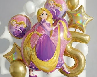 Enchanted Tower Princess Balloon Set, Giant Magical Long Hair Girl Foil Balloon, Fairy Tale Character Birthday Decor, Purple & Gold Party