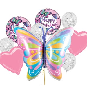 Pink Butterfly Birthday Balloon Bouquet - Happy Birthday Decorations Set
