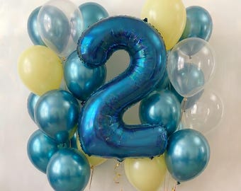 Metallic Teal and Lemon Yellow 2nd Birthday Balloons - Number 2 Giant Foil Balloon Kit - Teal & Yellow Birthday Decor for Boy or Girl