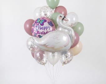 Swan Balloon Bouquet, Girls Birthday Party Balloon Set, Butterfly Happy Birthday Balloons, Elegant Swan Theme Party Decor, Kids Birthday