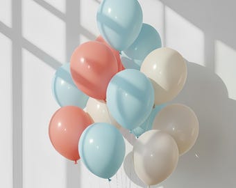 Coral Ice Blue & White Balloon Bouquet, Pastel Party Balloons for Birthday Baby Shower Wedding Decor