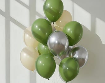 Matcha Green & Silver Balloons for St Patrick’s Day, Soft White Luxury Party Decor, Elegant Spring Celebration Backdrop