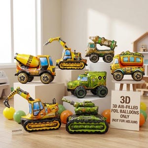 May include: A collection of colorful 3D air-filled foil balloons shaped like construction vehicles, including a cement mixer, excavator, dump truck, and tank. The balloons are yellow, green, and orange, with black detailing. A sign reads "3D Air-Filled Foil Balloons Only (Not for Helium)."
