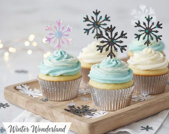 Snowflake Cupcake Toppers Winter Party Decor | Holographic Glitter Cake Picks for Christmas Frozen Birthday, Holiday Dessert Table