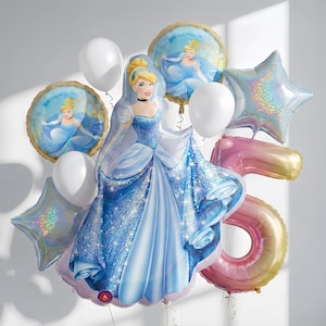 Cinderella Balloons Set – Princess Birthday Party Decorations for Girls | Blue Princess Foil Balloon Bouquet | Fairy Tale Party Supplies