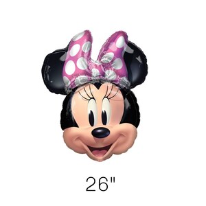 K&ouml;nnte beinhalten: Ein Minnie-Maus-f&ouml;rmiger Ballon. Der Ballon zeigt Minnie's Gesicht mit einer rosa Schleife mit wei&szlig;en Punkten. Der Ballon ist etwa 66 cm gro&szlig;.