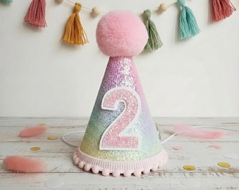 Pastel Rainbow 2nd Birthday Hat, Glitter Birthday Party Hat, Sweet Whimsical 2nd Birthday Decor, Baby Girl Cake Smash Prop