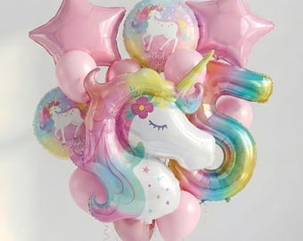 Unicorn Birthday Balloon Bouquet for Girls – Pink Rainbow Unicorn Party Decorations, Number Balloon, Pastel Star Balloons, Birthday Decor