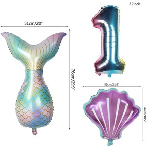 May include: Three iridescent foil balloons: a mermaid tail, a seashell, and the number 1. The mermaid tail is 51 cm tall and 76 cm wide. The seashell is 47 cm tall and 55 cm wide. The number 1 is 81 cm tall.