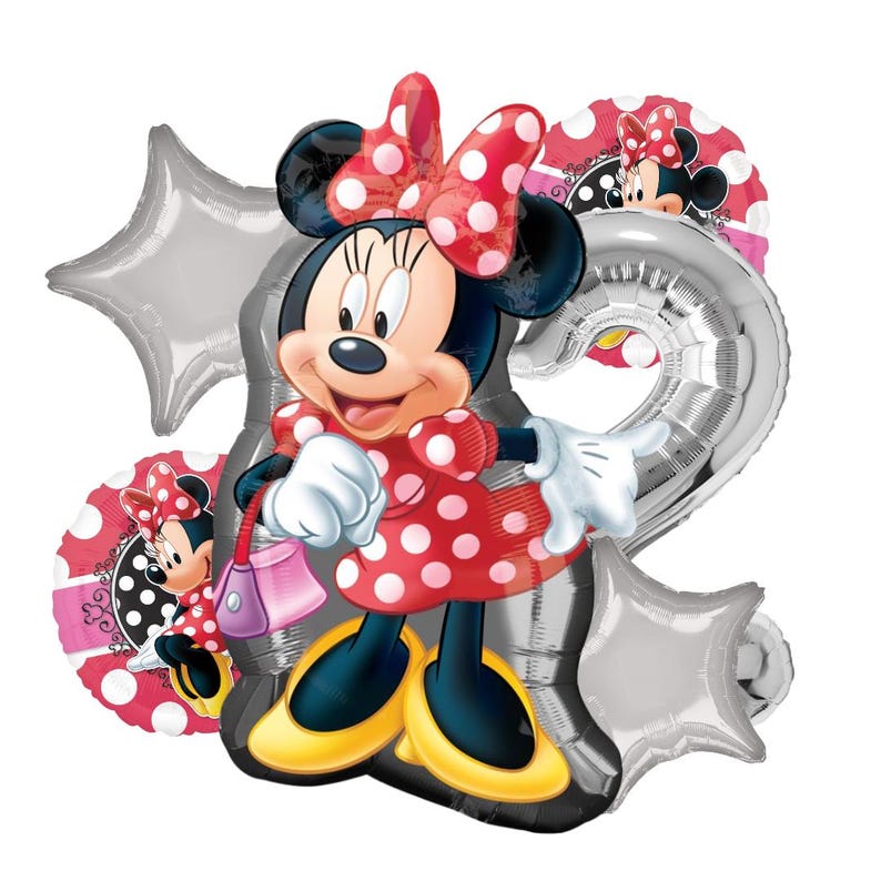 Pu&ograve; includere: Un gruppo di palloncini a tema Minnie Mouse. La figura centrale &egrave; un grande palloncino di Minnie Mouse con un vestito rosso a pois, che tiene una borsetta rosa. Intorno ci sono palloncini argentati a forma di stella e numero, e un palloncino rotondo con l'immagine di Minnie.