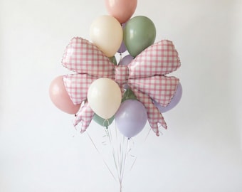 Pink Gingham Bow 1st Birthday Balloon Bouquet, Dreamy Pastel Girl Party Decor. Grab 10% Off Now! Selling Fast!
