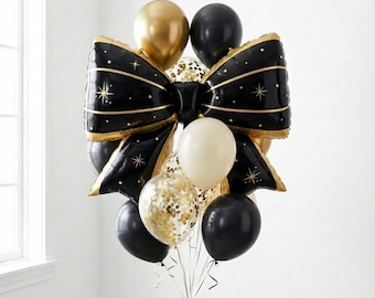 Luxury Black Gold Bow Balloons, Glam Birthday Graduation Party Decor, Elegant Statement Celebration Backdrop
