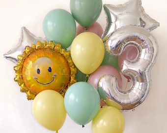 Spring Birthday Balloon Bouquet, Sunshine Party Balloons Set, Pastel Green Yellow Pink Balloons, 3rd Birthday Decor, Sun Balloon Set