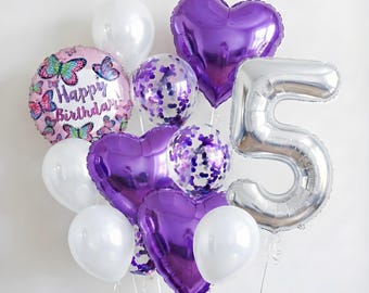 Purple Butterfly 5th Birthday Party Decorations, 11pc Balloon Bouquet for Celebration Centerpieces & Supplies