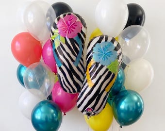 Zebra Flip Flop Balloon Tropical Luau Party Decor Summer Beach Birthday Pool Party Supplies, Tropical Island Vibes, Hot Pink & Teal Balloon