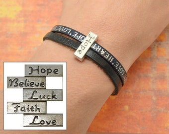women bracelet, brown leather with a message to customize, silver metal bead message