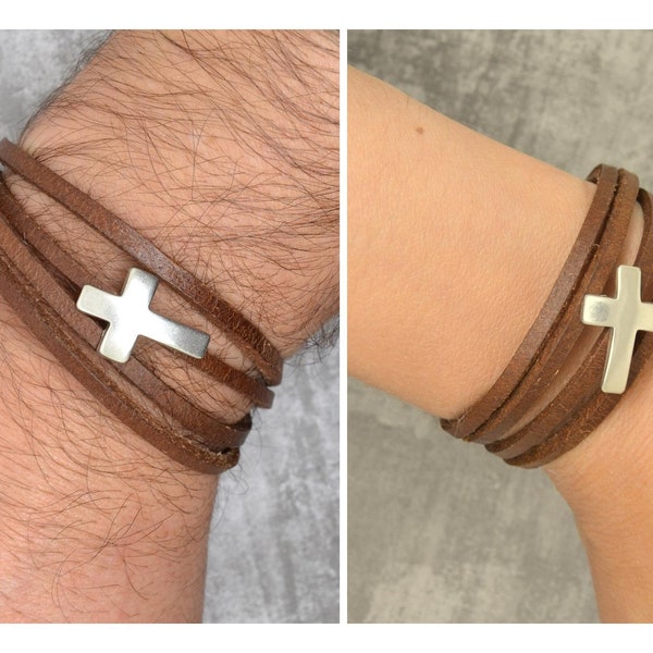 bracelet homme ou femme, cuir marron, perle croix, fermoir magnétique, métal argenté