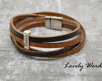 man bracelet black and brown leather 2 laces + Pearl personnalisble text message
