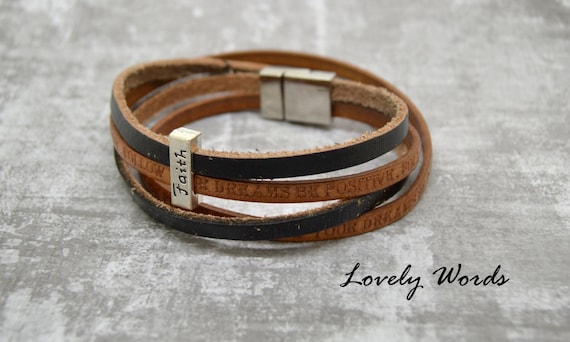 message bead customizable text brown and black leather silver metal magnetic clasp 2 laces men's bracelet