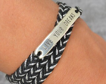 women bracelet, braided black and silver, with message LIVE YOUR DREAM, magnetic clasp, silver metal