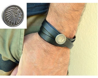 men's strap, black nappa leather, passing pearl, Indian head, motorcycle