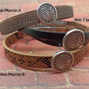 bracelet homme, cuir marron ou noir, tête d'indien, moto biker, fermoir montre, métal argenté, acier image 3