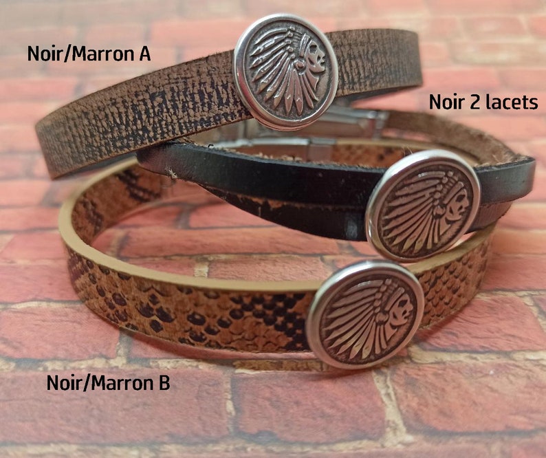 bracelet homme, cuir marron ou noir, tête d'indien, moto biker, fermoir montre, métal argenté, acier image 3