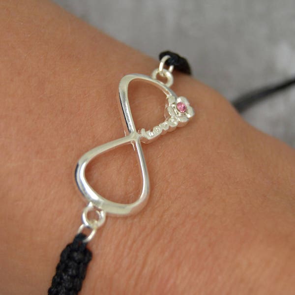 bracelet femme, tréssé fil noir, LOVE, sigle infini, métal argenté, strass rose