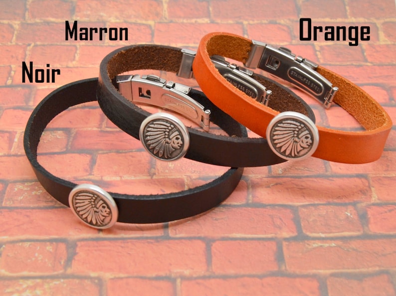 bracelet homme, cuir marron ou noir, tête d'indien, moto biker, fermoir montre, métal argenté, acier image 2