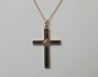 Lovely Vintage marked 14K Chain and marked 10K Etched Gold Cross Necklace with White Gold Accent