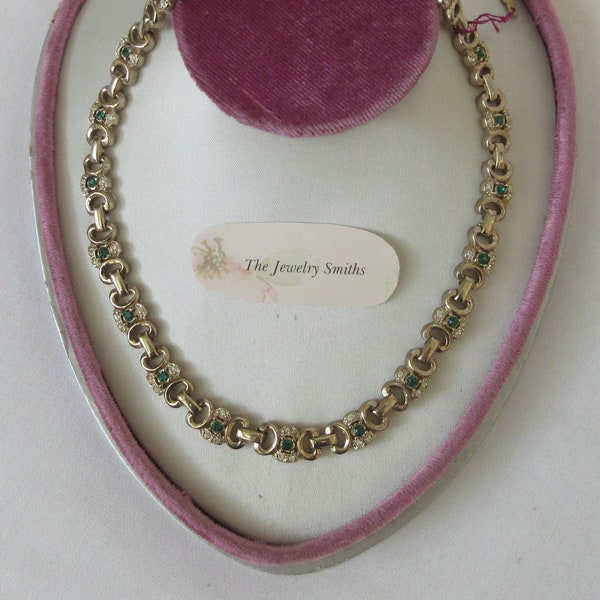 Lovely signed LUSTERN Necklace accented with Green and Clear Rhinestones