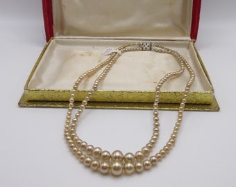 Vintage Double strand Faux Pearl Necklace with marked Sterling Clasp