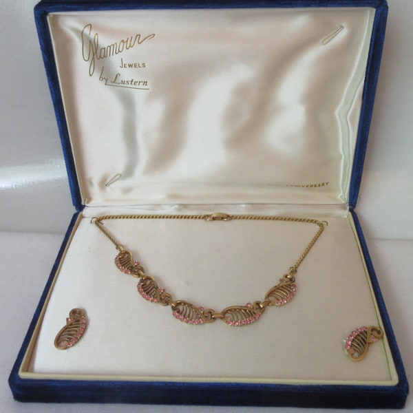 Lovely signed LUSTERN Necklace and Earrings Demi Parure with Rhinestones