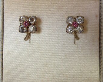 JMS Jewelry 12K GF Screw Back Gold Earrings with Pink Rhinestones Vintage Costume Estate Jewelry fruitsdesbois