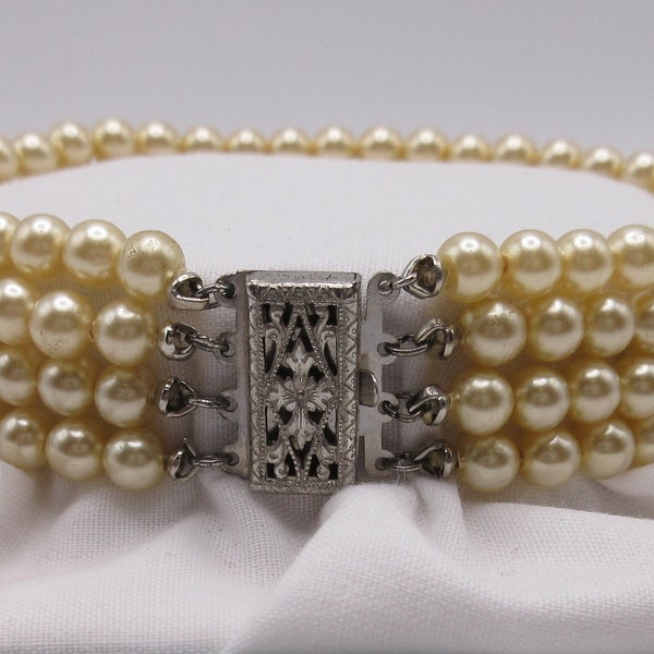 Beautiful Vintage Signed MARVELLA  Faux Pearls and marked Sterling Clasp Bracelet