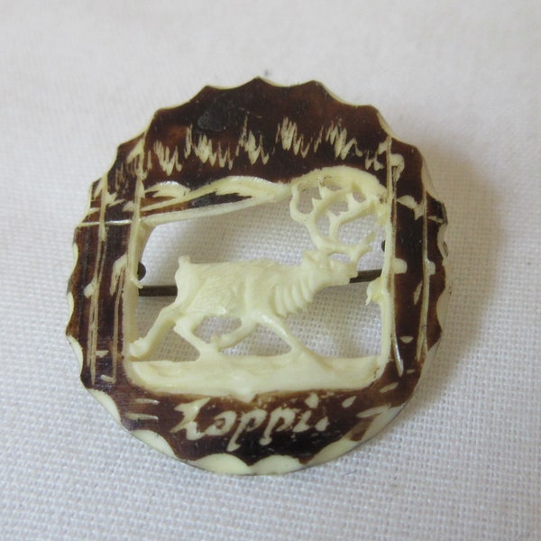 Vintage Carved MOOSE pin or brooch signed