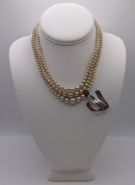 Vintage Madame Pompadour Faux Pearl 3-Strand Necklace with Rhinestone  accented Clasp