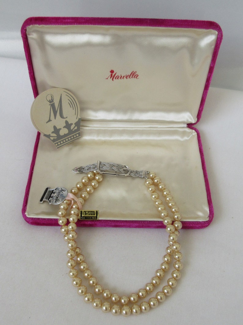 Vintage MARVELLA Faux Pearl 2 strand Necklace with Unique Clasp image 1