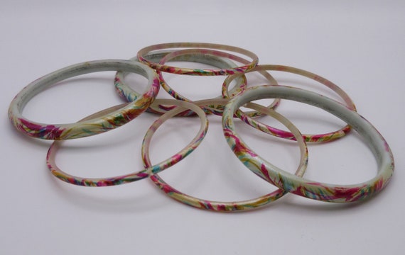 Eight Lovely Vintage Painted Glass Bangle Bracele… - image 1