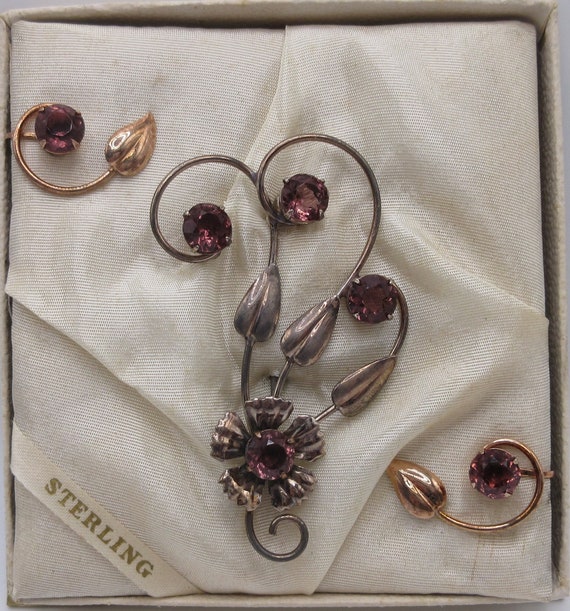 Vintage marked STERLING Brooch and Screw Back Ear… - image 1
