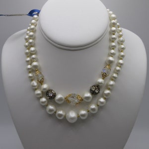 Vintage DELROY Knotted Baroque faux Pearl and Crystal 2 strand Necklace