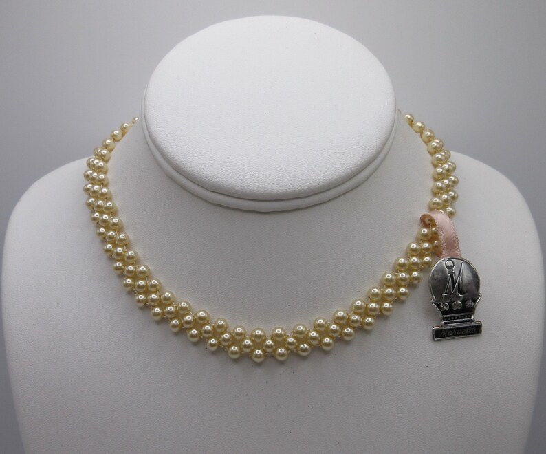 Beautiful Signed Marvella faux Pearl Choker Necklace with Beautiful Rhinestone Accented Clasp image 2