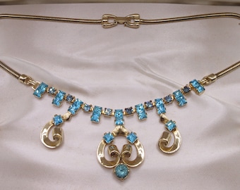 Vintage Demi Parure with Necklace and Screw back Earrings Accented with Blue Rhinestones