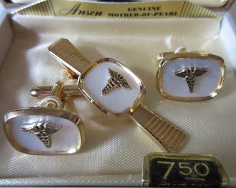 Vintage signed Anson Caduceus with mother of pearl inlay Cuff Links and Tie Bar