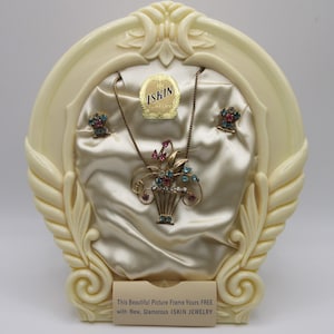 Vintage Art Deco signed Harry Iskin marked 1/20 10K GF Necklace or Brooch and Earrings set accented with Color Rhinestones with Frame