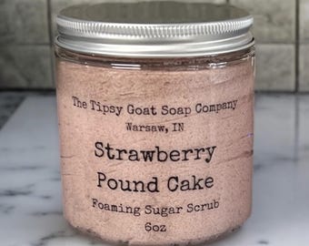 May include: A 6 ounce jar of strawberry pound cake foaming sugar scrub from The Tipsy Goat Soap Company in Warsaw, Indiana.