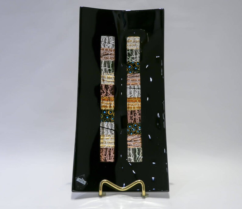 Murrine Gold Leaf and Platinum Big Size Murano Glass Black Plate with Mosaic