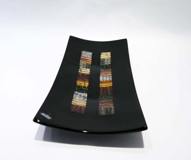 Murrine Gold Leaf and Platinum Big Size Murano Glass Black Plate with Mosaic