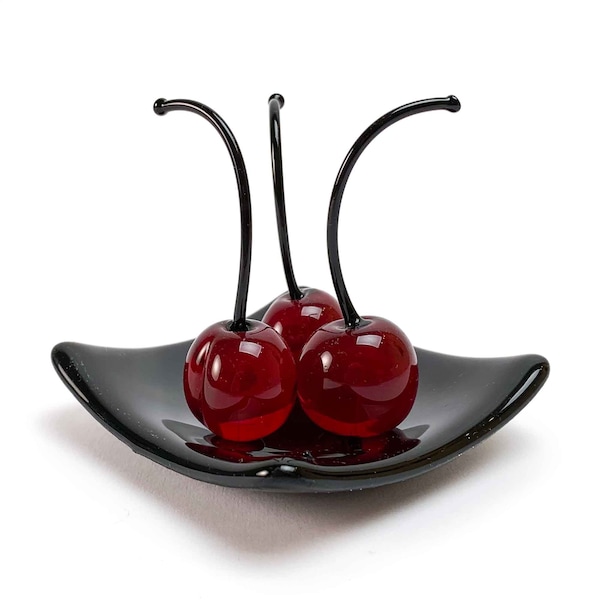 Set 3 Small Cherries with Black Square Plate "Love and Elegance" - Murano Glass