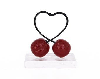 Paperweight or Ornament with 2 Heart - Shaped Cherries "Love and Happiness" Big Size - Murano Glass